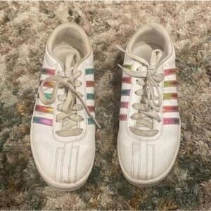 KSwiss white leather upper rainbow holographic Striped low top lace up sneaker